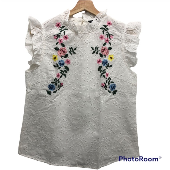 Spring Boho Cute Ruffle Trim Floral Embroidered Top Eyelet White/Multi Medium - Picture 4 of 8